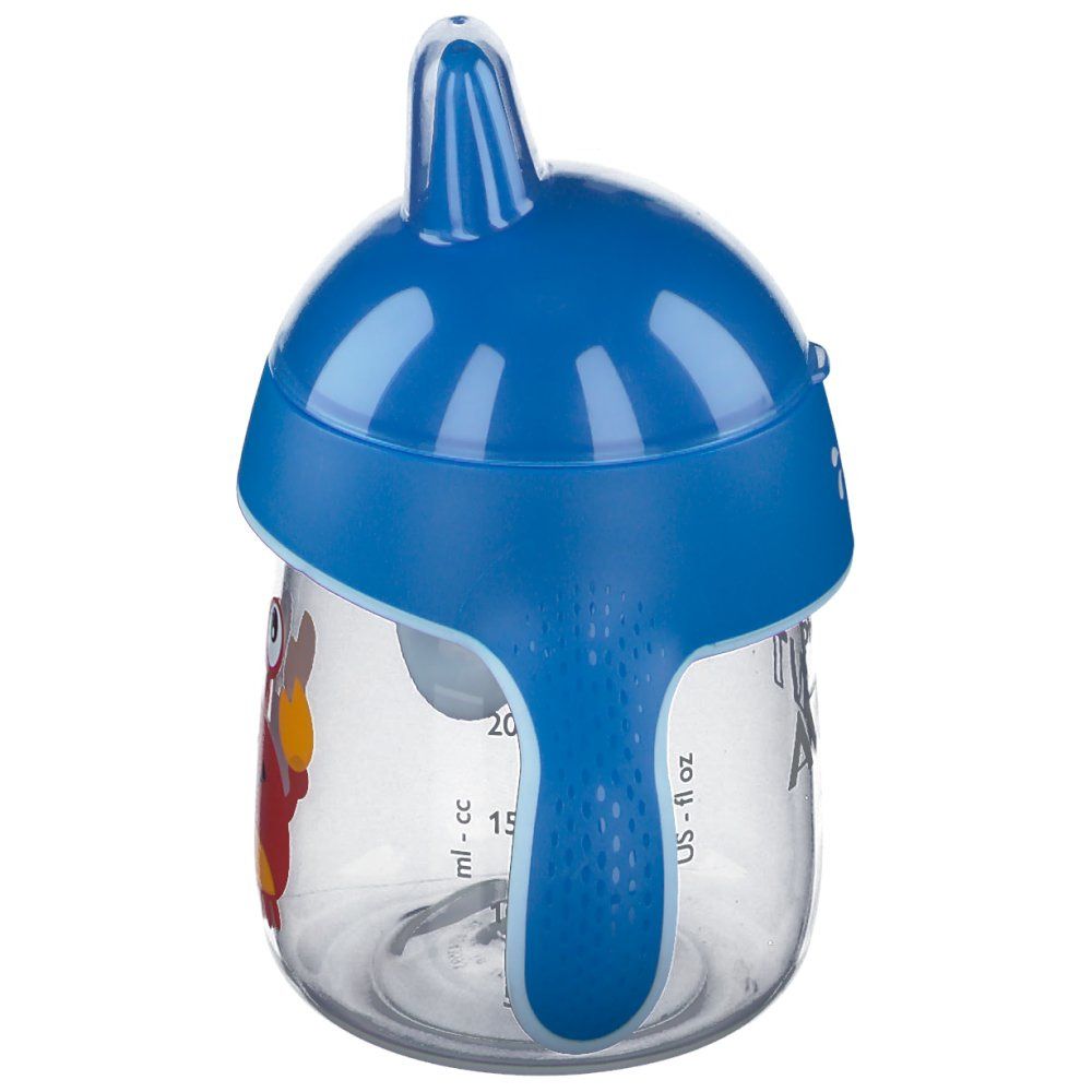 Blauwe drinkbeker met deksel en handvat. Afbeelding: krab. Opschrift: Philips Avent.