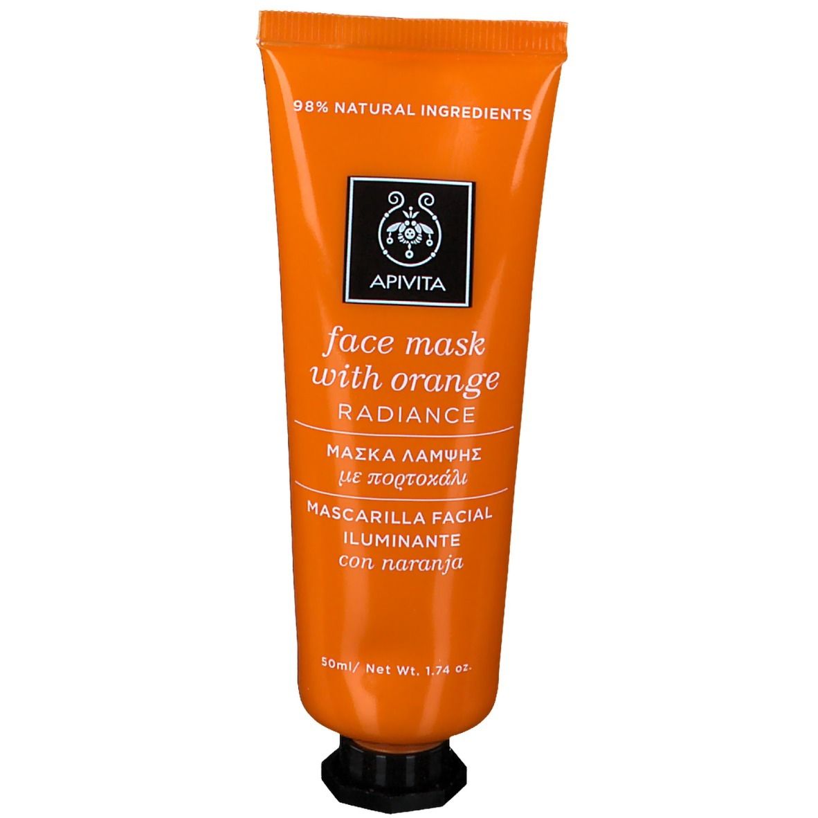 Tube orange avec nom du produit et logo. Texte : "face mask with orange".