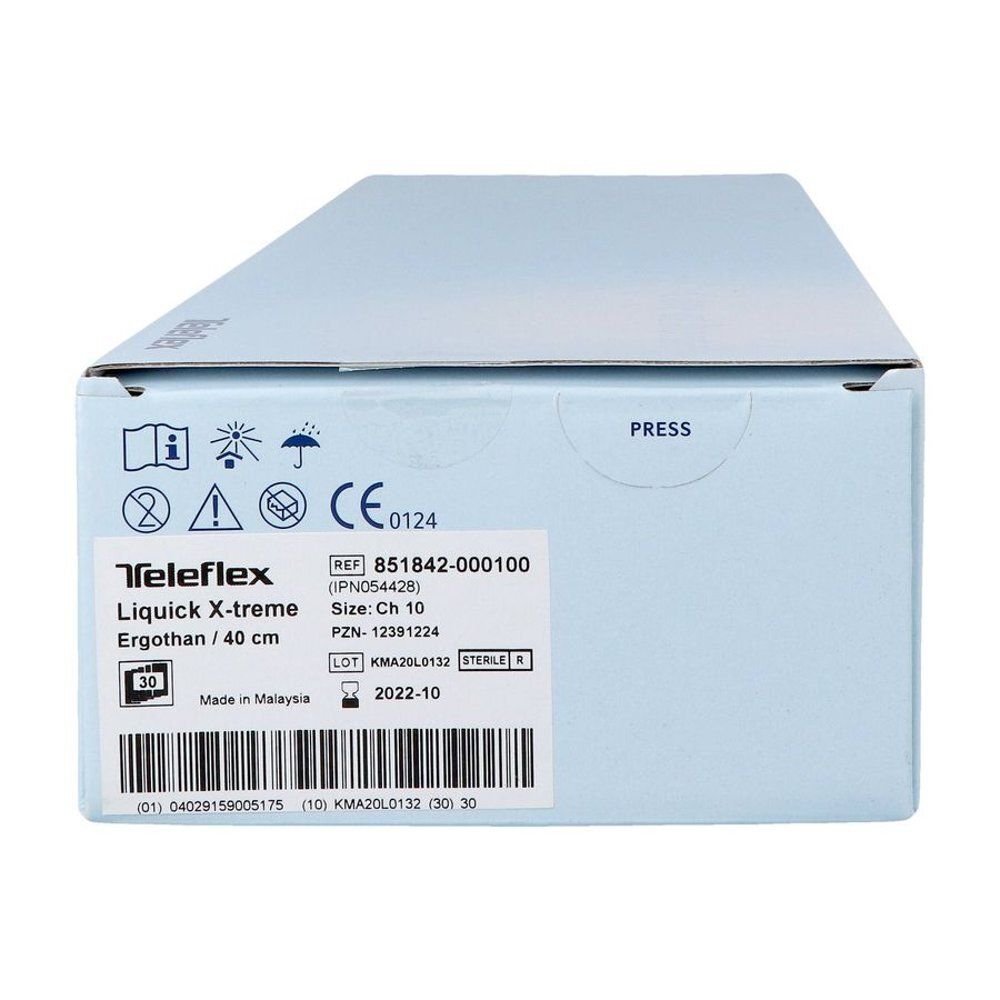 Emballage Teleflex Liquick X-treme Ergo-than 40 cm Ch 10 avec marquage CE et numéro de lot.