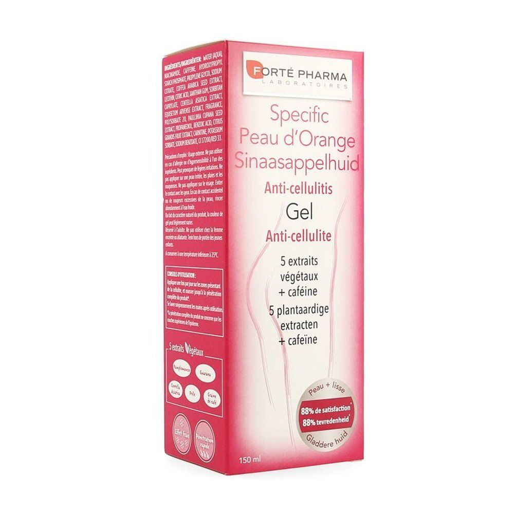 Rode verpakking Forté Pharma Specific Piel d'Orange Gel. Productinfo. Tekst: Anti-cellulite, 5 plantaardige extracten + cafeïne.