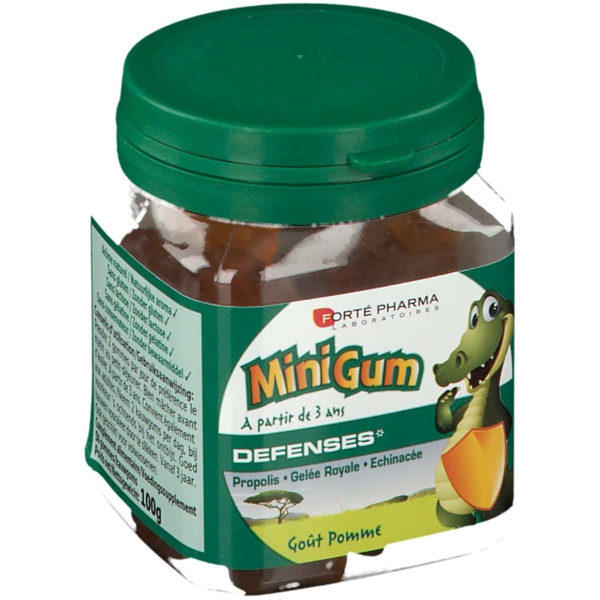 Pot de MiniGum Défenses, à partir de 3 ans. Contient Propolis, Gelée Royale, Echinacée. Goût Pomme. Illustration d'un crocodile.