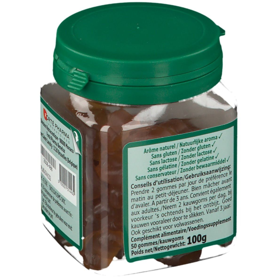 Pot de MiniGum Weerstand, à partir de 3 ans. Contient Propolis, Gelée Royale, Echinacée. Goût Pomme. Informations au dos.