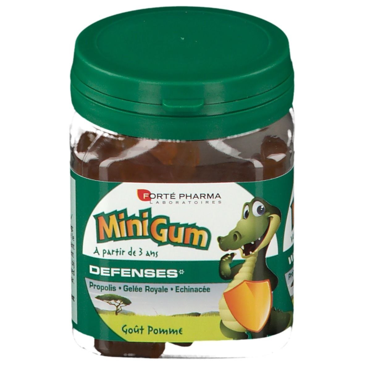 Pot de MiniGum Défenses, à partir de 3 ans. Contient Propolis, Gelée Royale, Echinacée. Goût Pomme. Illustration d'un crocodile.