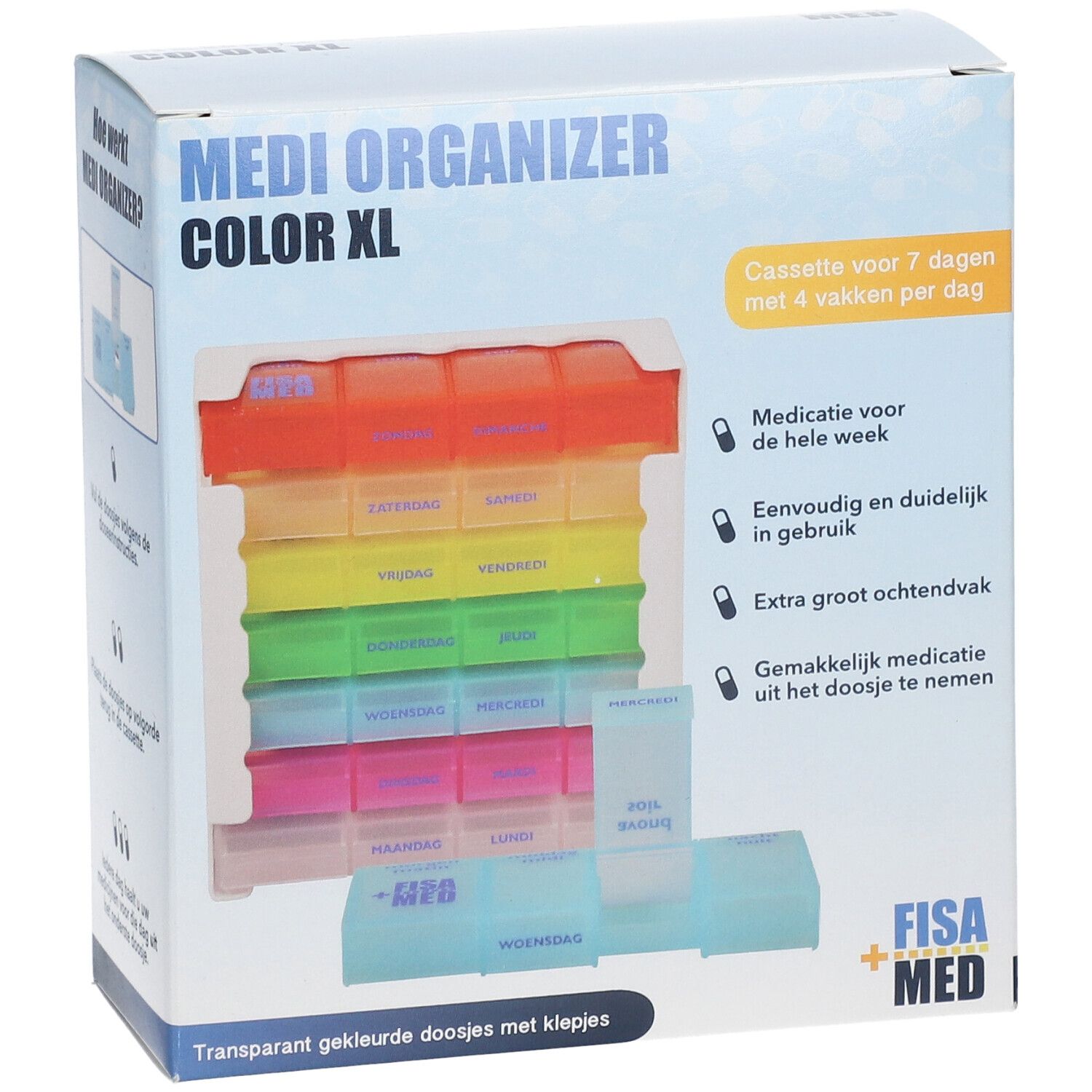 Medi Organizer Color XL. Pillendoos in verpakking. 7 dagen, 4 vakken per dag. Merk: Fisa Med. Meerkleurig.