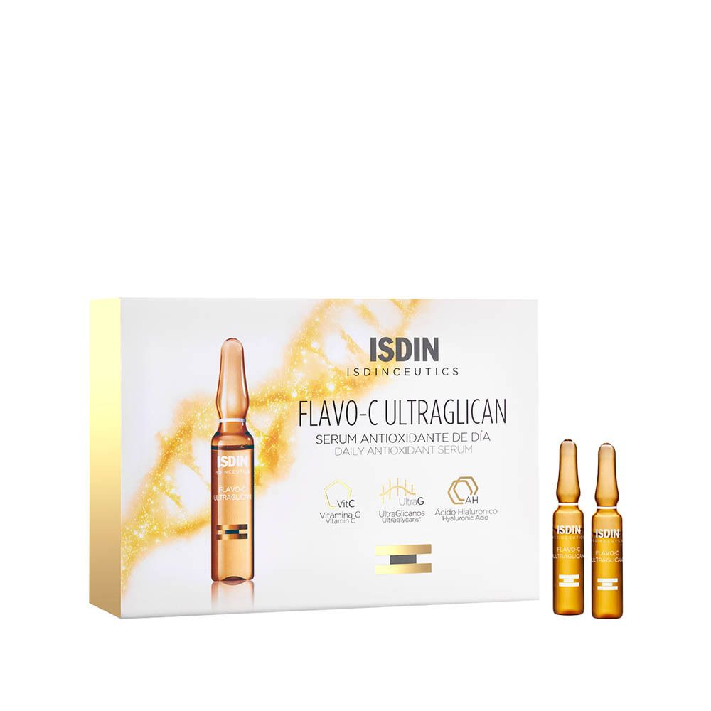 Verpakking met ISDIN-logo, productnaam Flavo-C Ultraglican Serum en ampullen. Extra ampullen ernaast.