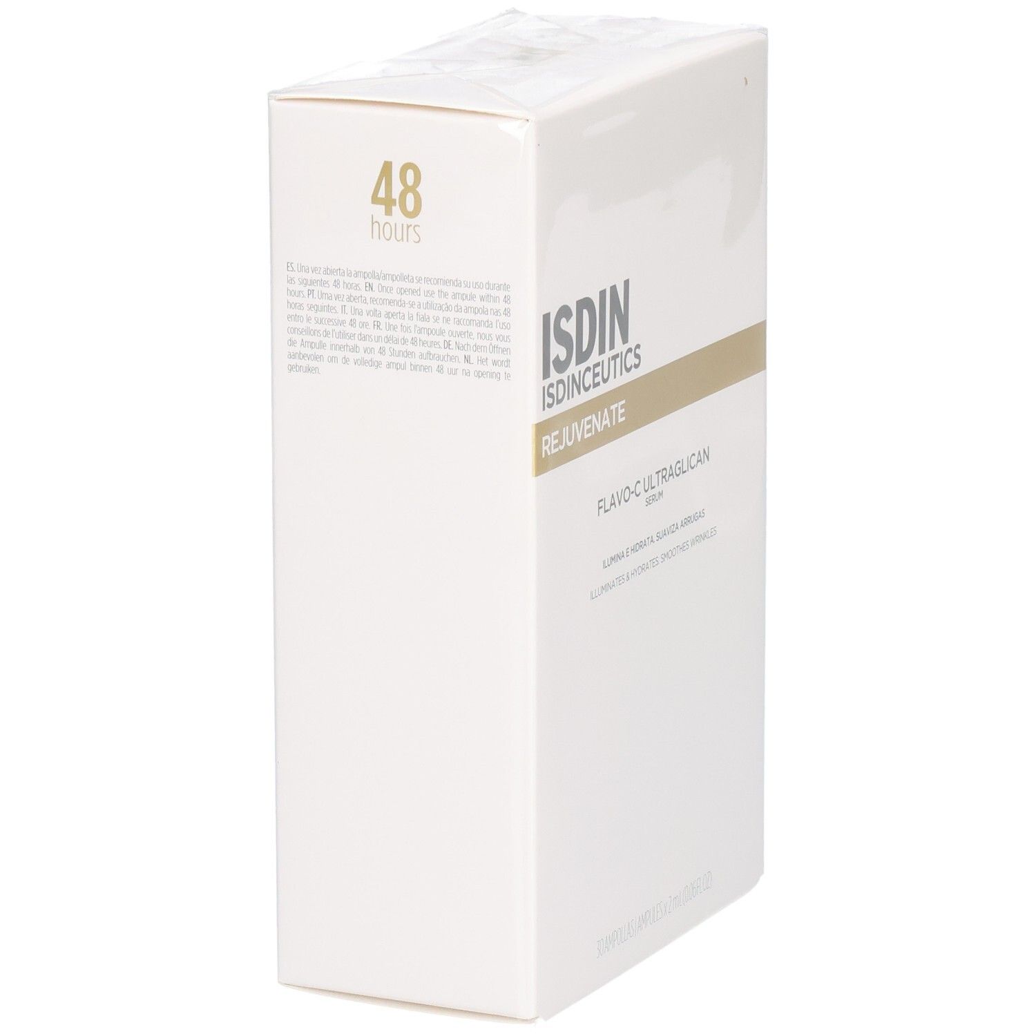 Boîte blanche avec logo ISDIN et texte. Inscription: ISDINCEUTICS REJUVENATE. Texte: Flavo-C Ultraglican. 48 heures.