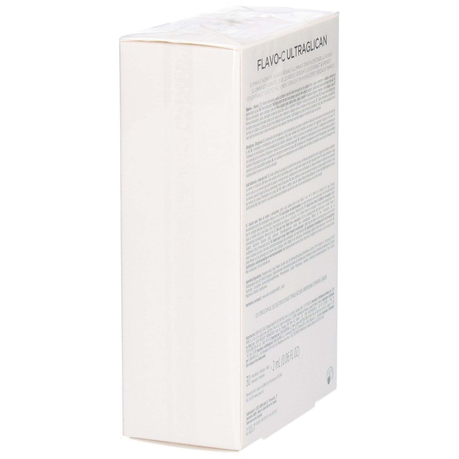 Boîte blanche avec texte. Inscription: Flavo-C Ultraglican. Texte en plusieurs langues. En bas: 2 ml 0,06 fl oz.