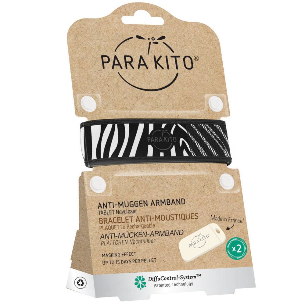 Zebra armband in verpakking. Bevat 2 navul-pellets. Tekst: Anti-Muggen Armband, Made in France.
