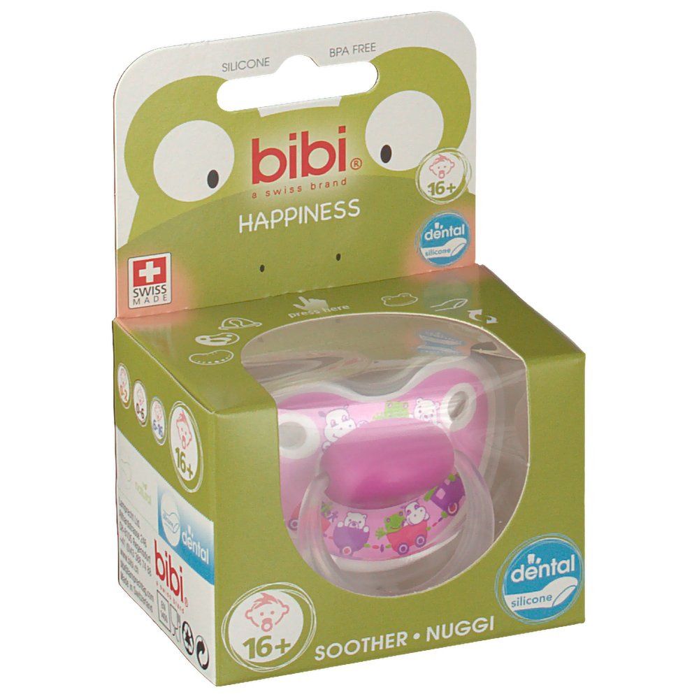 Verpakking met fopspeen. Roze fopspeen met print, 16+ maanden. Merk: bibi, Swiss Made. Transparant venster.