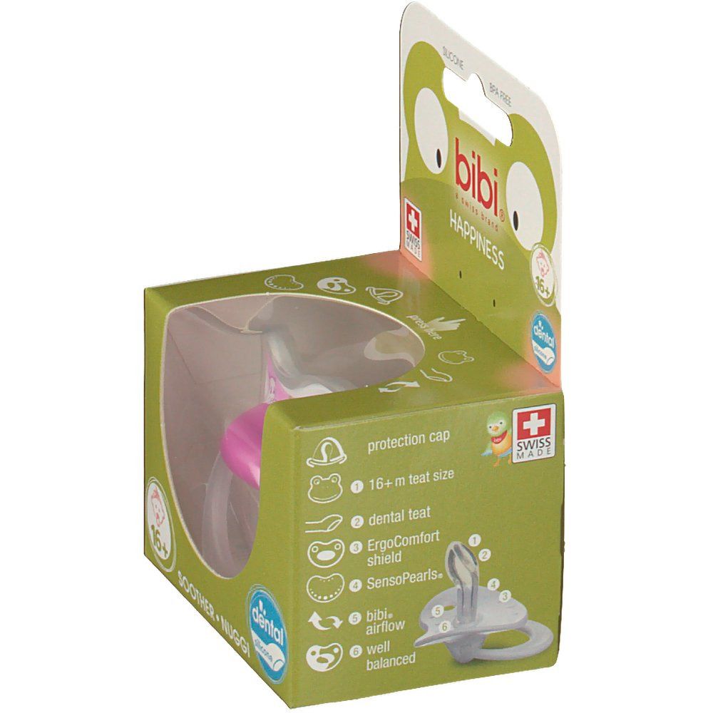 Verpakking met fopspeen. Roze fopspeen in venster. Merk: bibi, Swiss Made. Informatie over kenmerken.