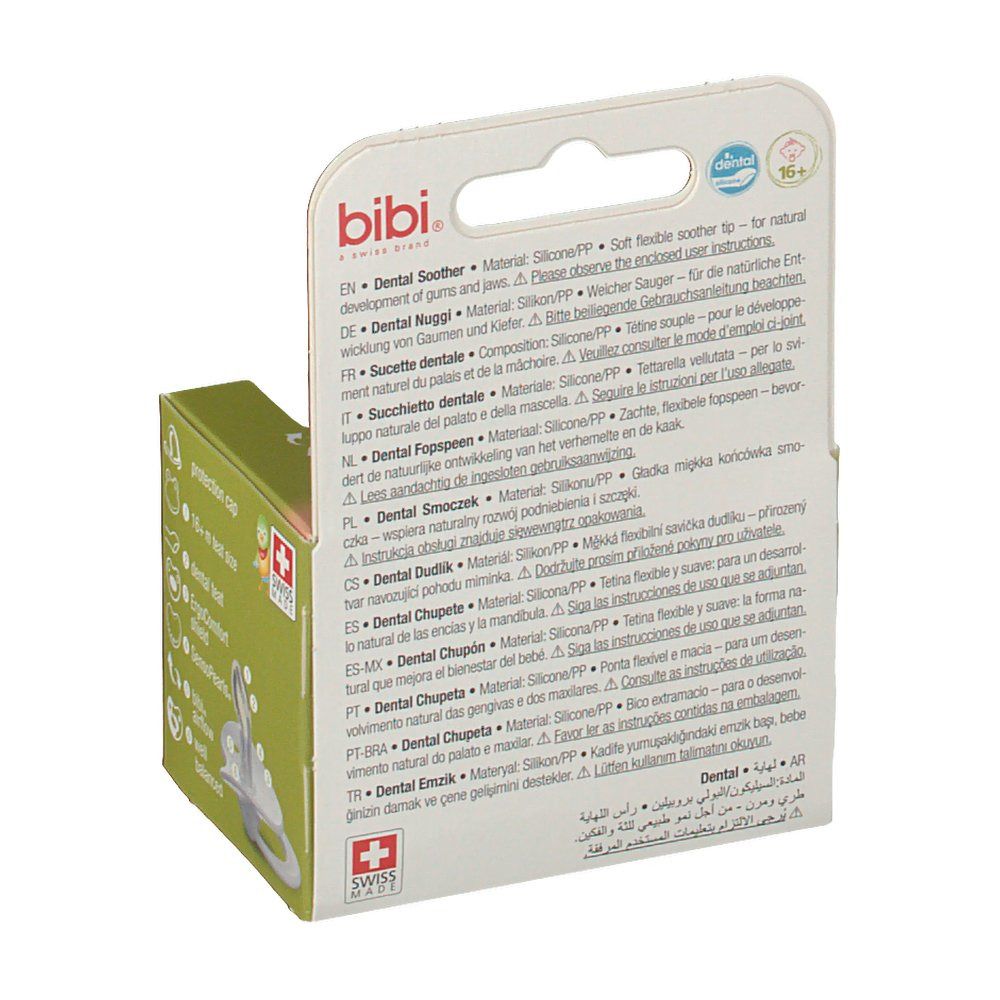 Achterkant van de verpakking. Meertalige tekst. Merk: bibi, Swiss Made. Informatie over materialen en kenmerken.