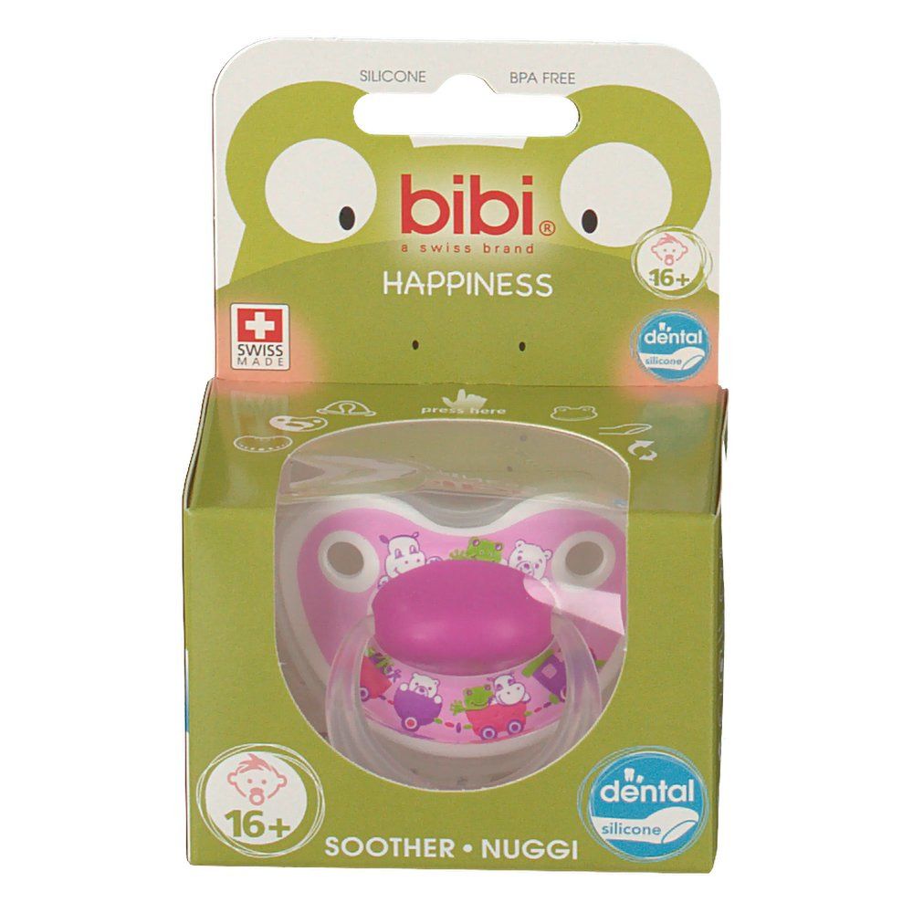 Verpakking met fopspeen. Roze fopspeen met print, 16+ maanden. Merk: bibi, Swiss Made. Transparant venster.