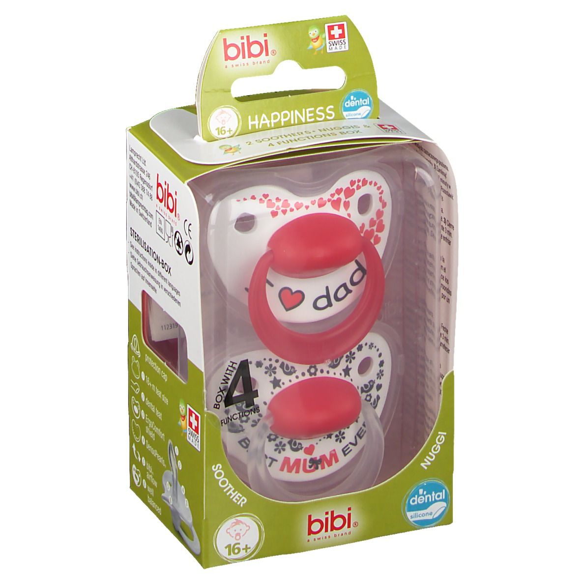 Verpakking met twee fopspenen. Eén met rode ring en opschrift "dad", de andere met "best mum ever".