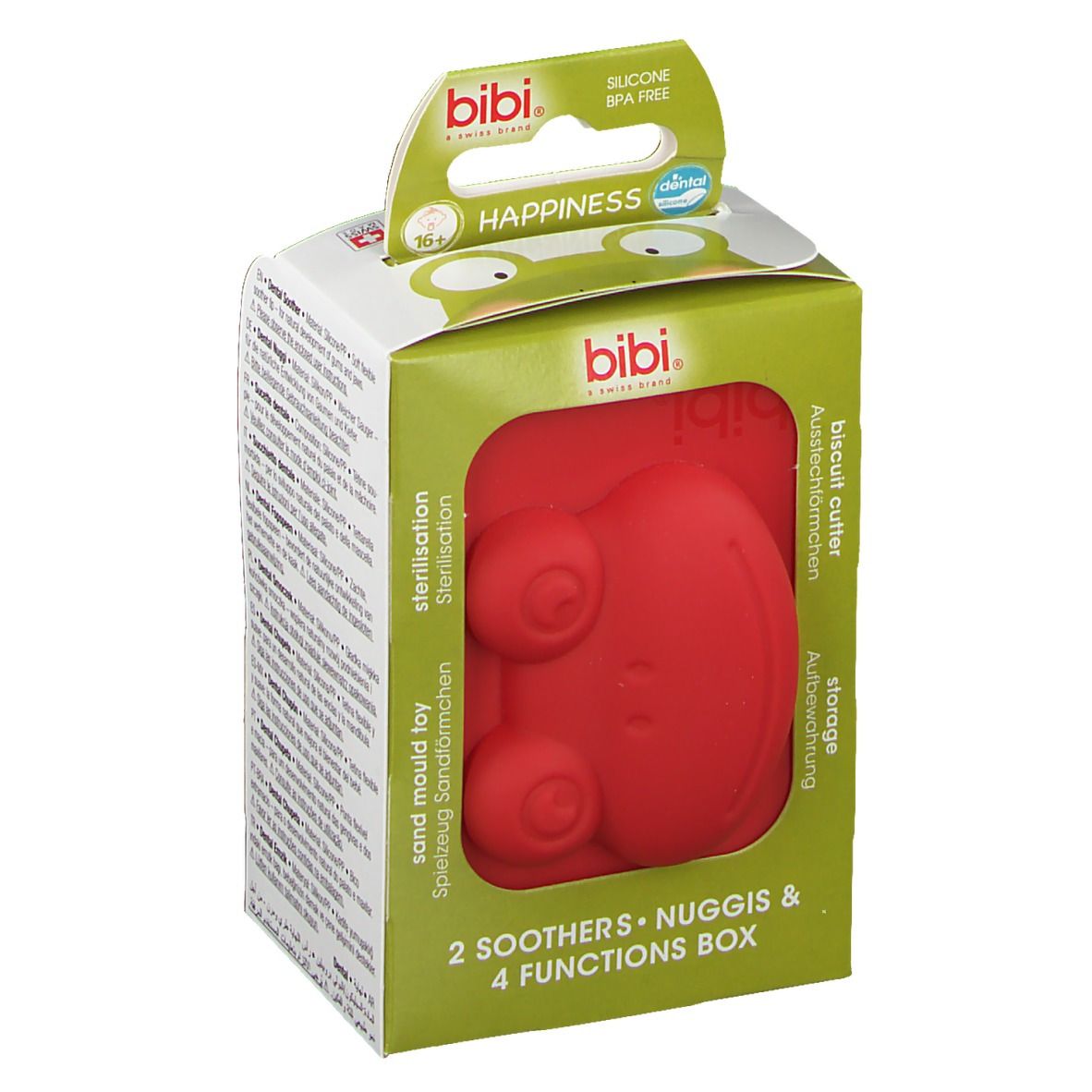 Rode sterilisatiebox met afgeronde hoeken. Bevat twee fopspenen en een box met 4 functies.