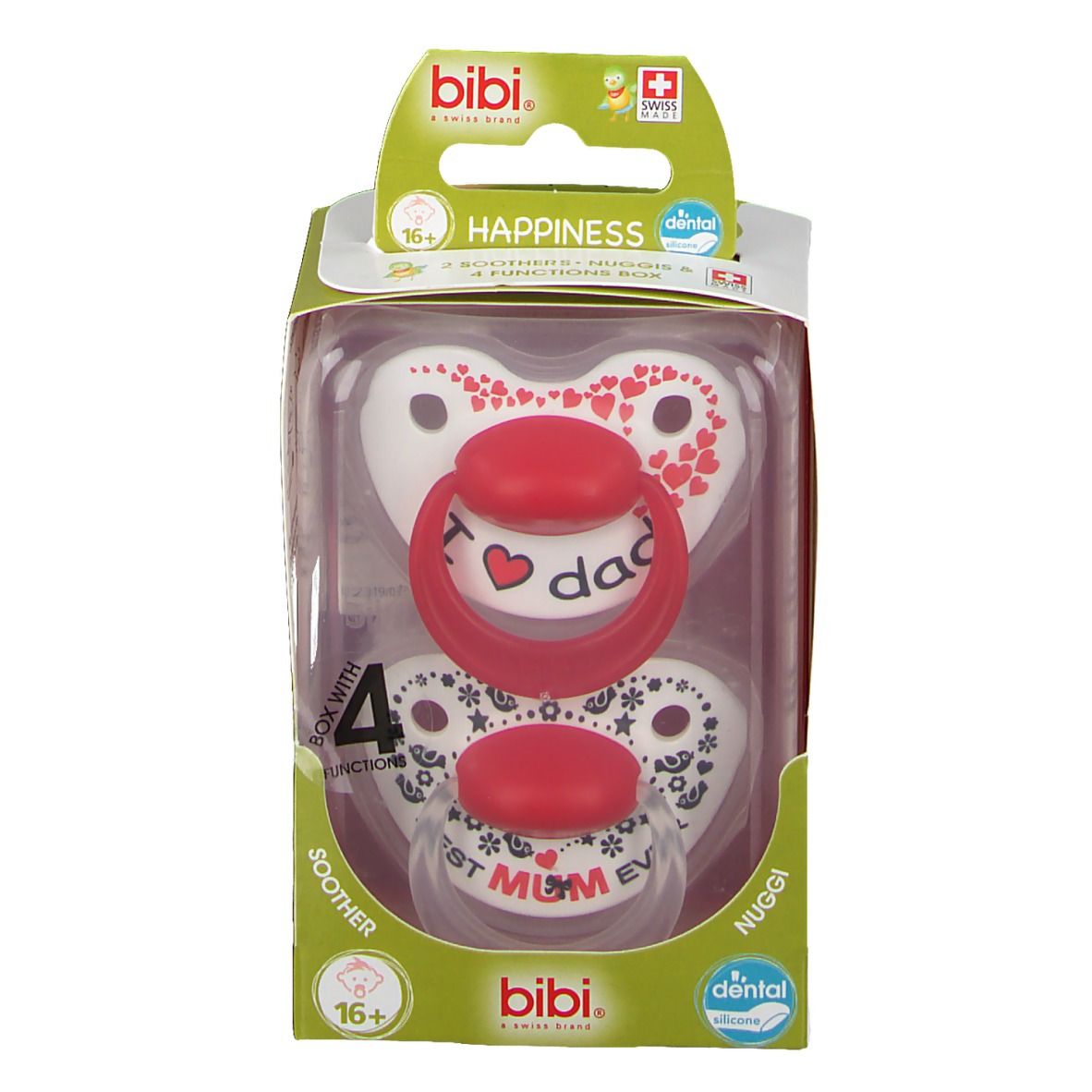 Verpakking met twee fopspenen. Eén met rode ring en opschrift "dad", de andere met "best mum ever".