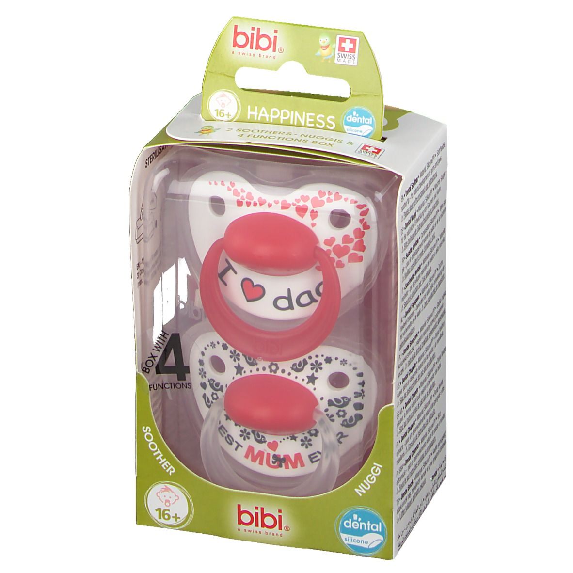 Verpakking met twee fopspenen. Eén met rode ring en opschrift "dad", de andere met "best mum ever".