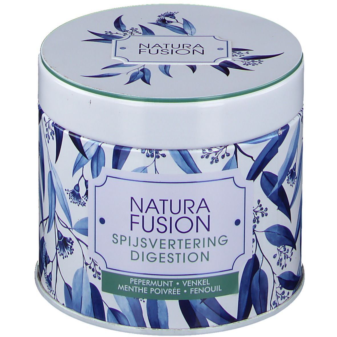 Boîte ronde avec motif de feuilles bleues et inscription Natura Fusion Digestión. Contient de la menthe poivrée, du fenouil et du fenouil.