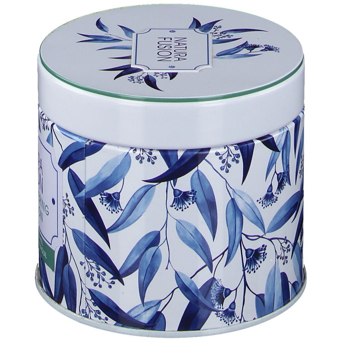 Boîte ronde avec motif de feuilles bleues et inscription Natura Fusion. Couvercle avec logo. Bordure verte.