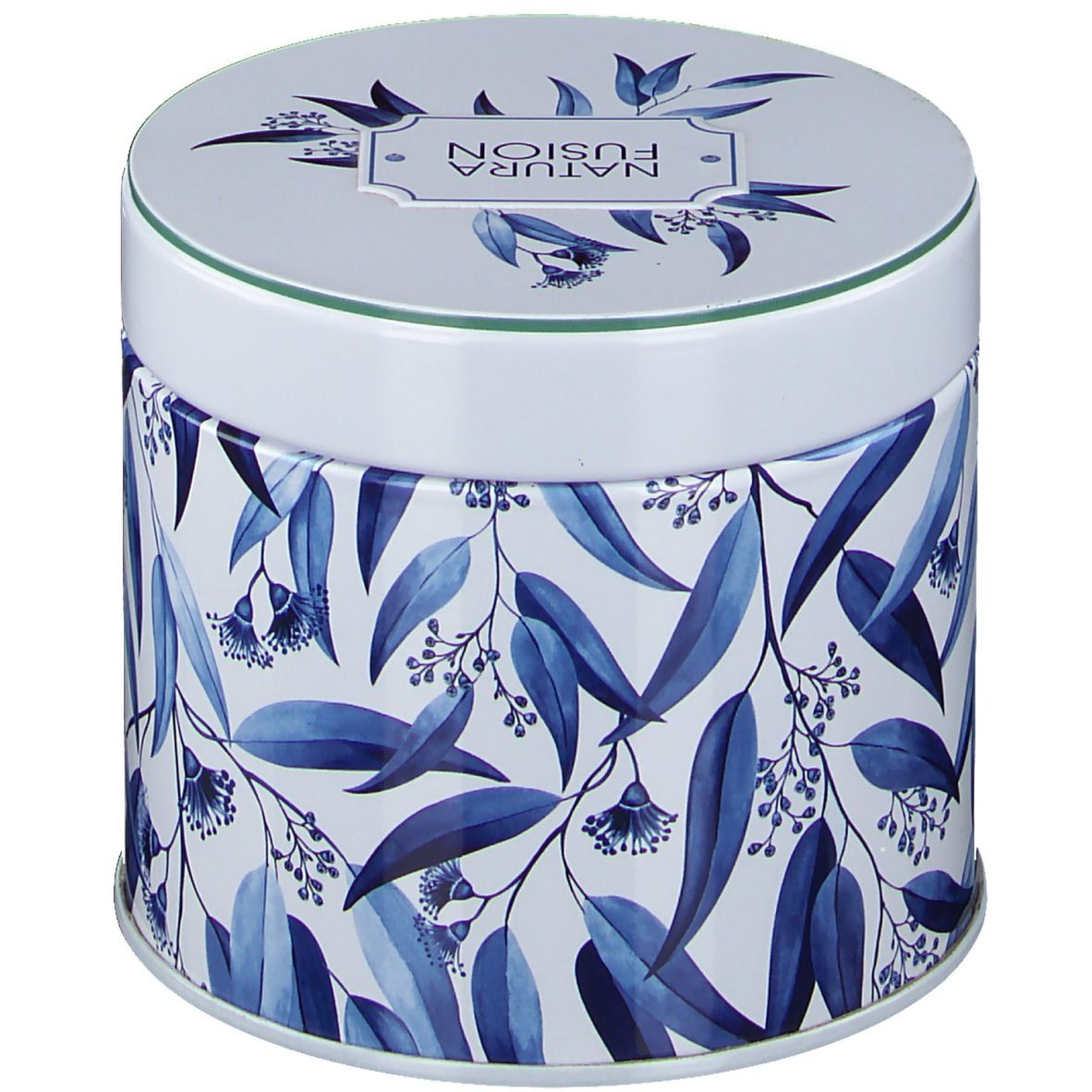 Boîte ronde avec motif de feuilles bleues et inscription Natura Fusion. Couvercle avec logo. Bordure verte.
