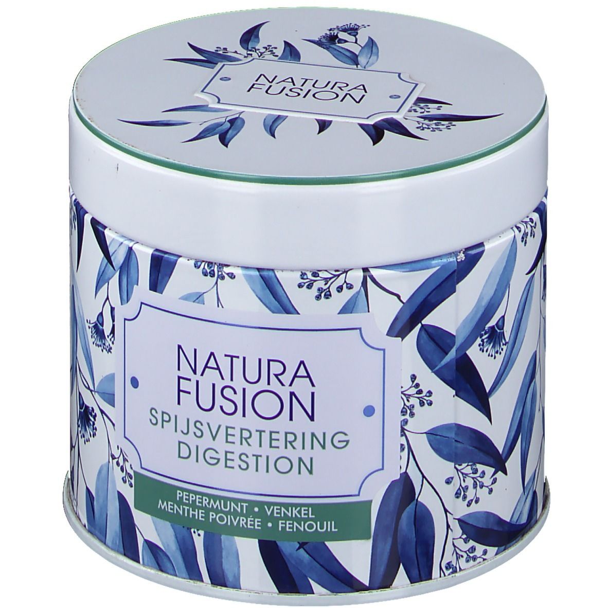 Boîte ronde avec motif de feuilles bleues et inscription Natura Fusion Digestión. Contient de la menthe poivrée, du fenouil et du fenouil.