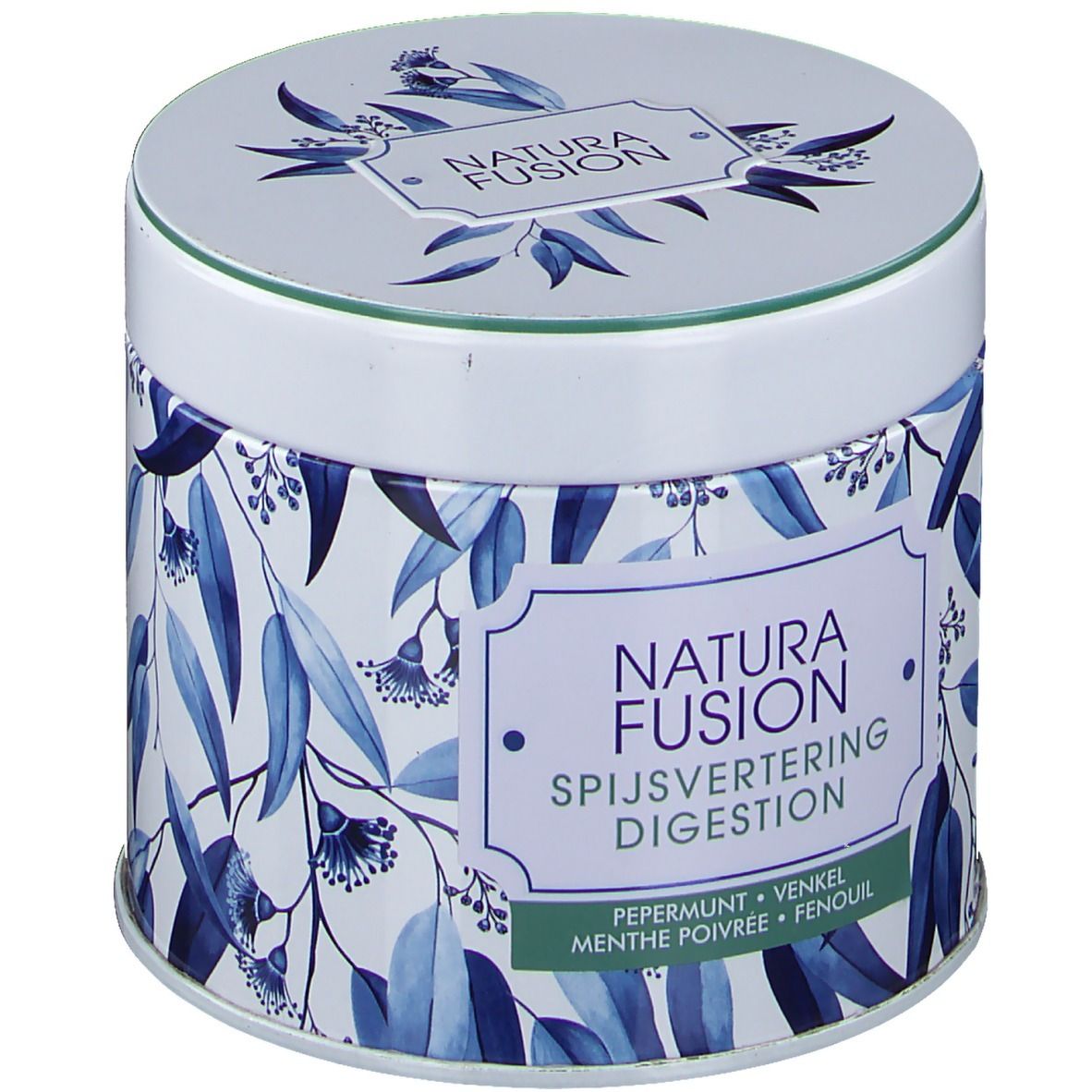 Boîte ronde avec motif de feuilles bleues et inscription Natura Fusion Digestión. Contient de la menthe poivrée, du fenouil et du fenouil.