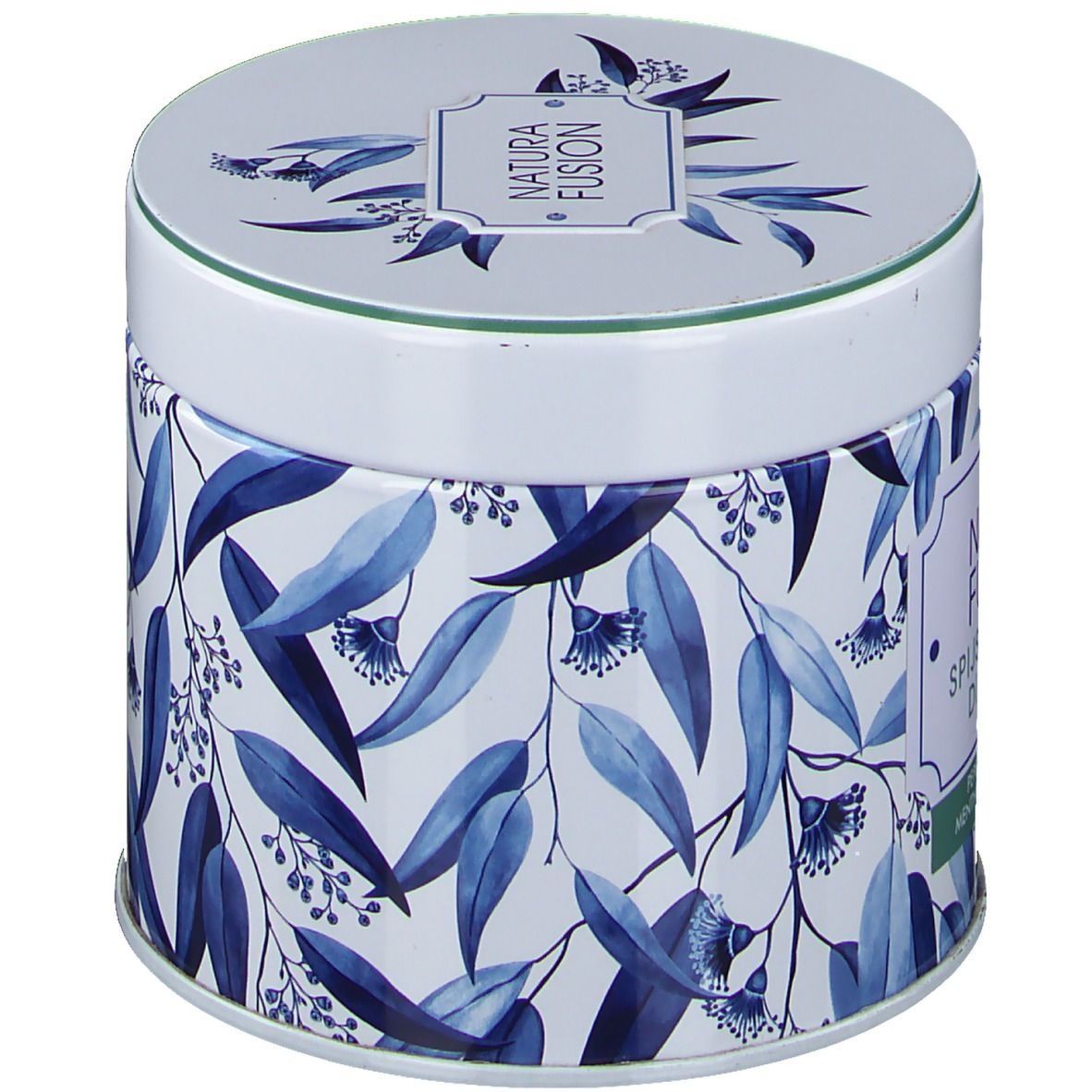 Boîte ronde avec motif de feuilles bleues et inscription Natura Fusion. Couvercle avec logo. Bordure verte.