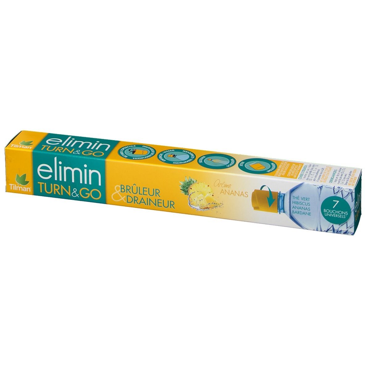 Emballage Tilman elimin Turn & Go. Jaune et blanc, nom du produit et illustrations. Contient 7 bouchons.