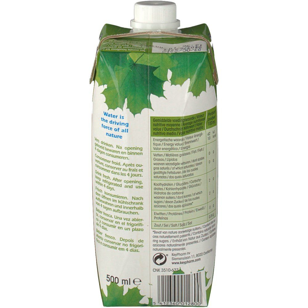 Dos de l'emballage avec informations nutritionnelles et texte. Contient des informations sur les ingrédients et les valeurs nutritionnelles.