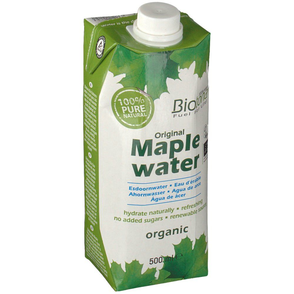 Emballage de Biotona Original Eau d'érable. Design vert et blanc avec feuilles et nom du produit. 500ml.