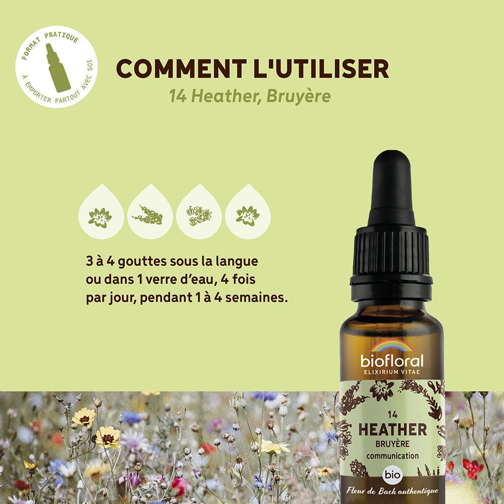 Graphique avec flacon du produit. Texte : Comment l'utiliser, 14 Heather, Bruyère. 3-4 gouttes sous la langue ou dans l'eau.
