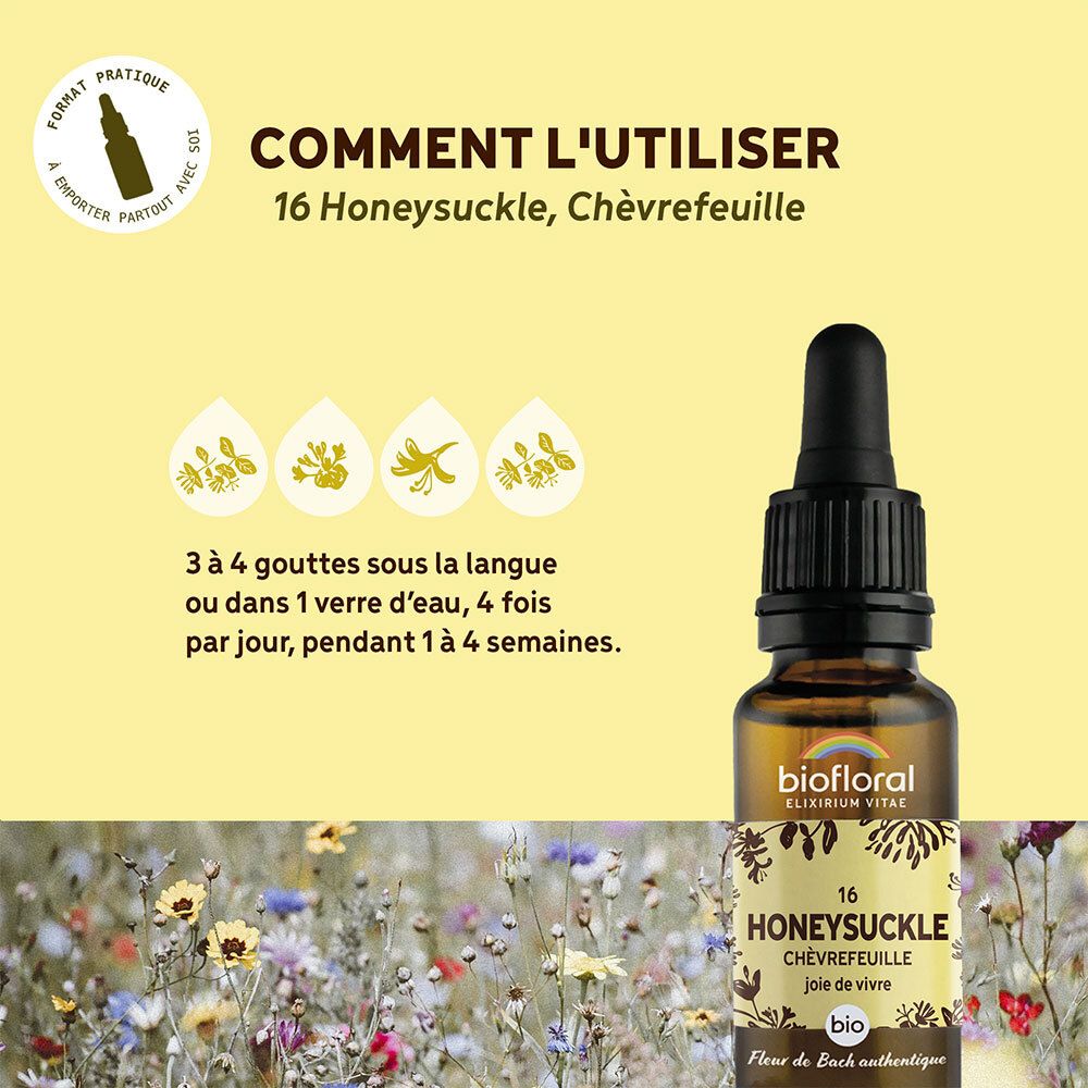 Fond jaune avec produit. Texte : Comment l'utiliser, 16 Honeysuckle. 3-4 gouttes sous la langue ou dans l'eau.