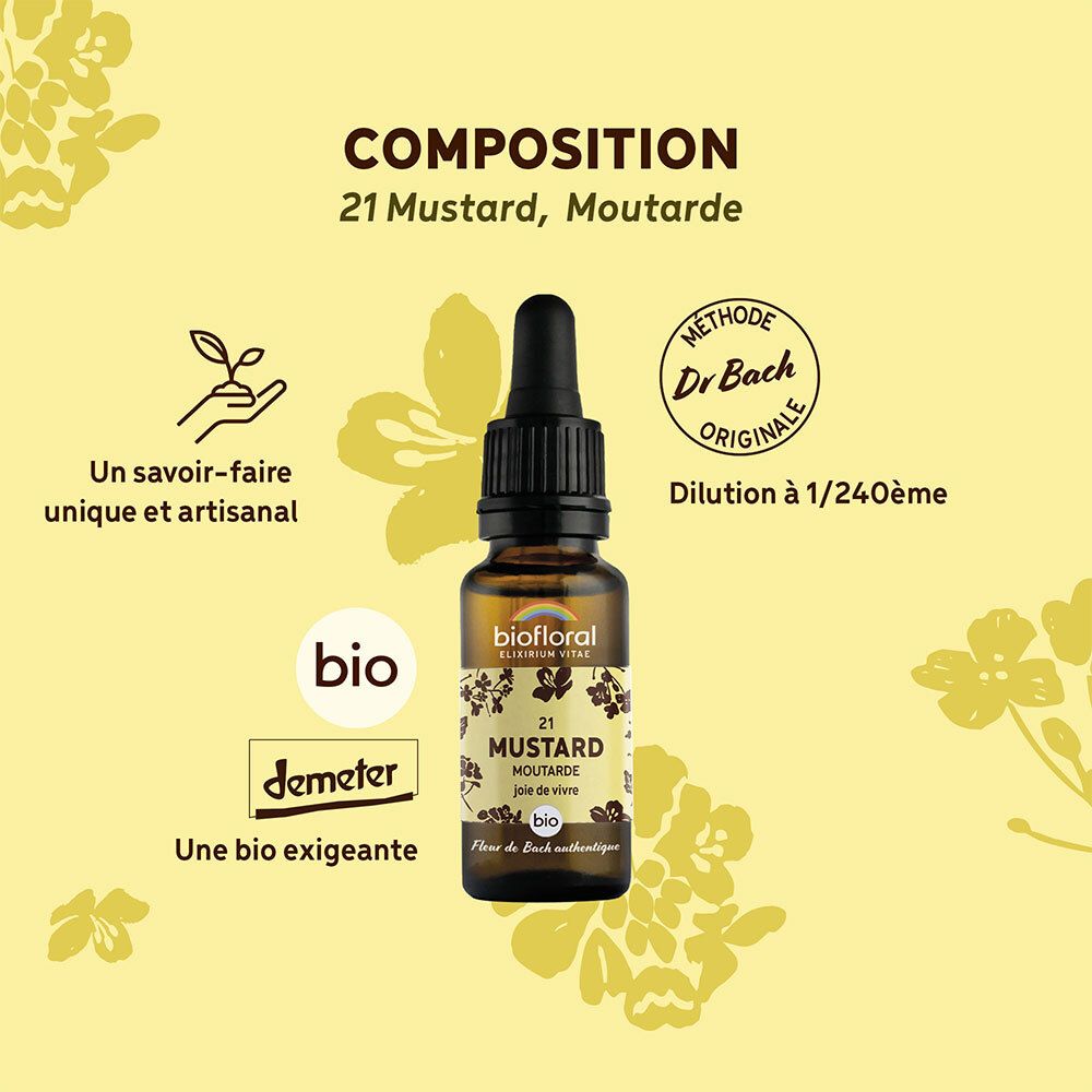 Fond jaune avec produit et texte. Composition, méthode Dr. Bach, certification Demeter et BIO.