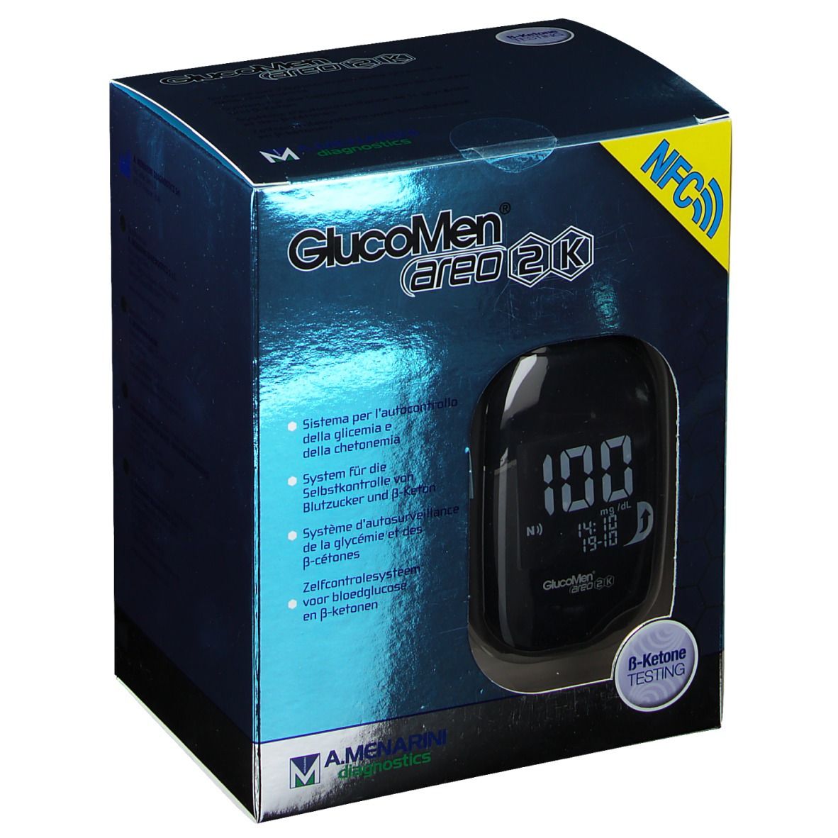 Boîte de GlucoMen Areo 2K. Appareil de mesure de la glycémie avec affichage visible. Texte : B-Ketone Testing.