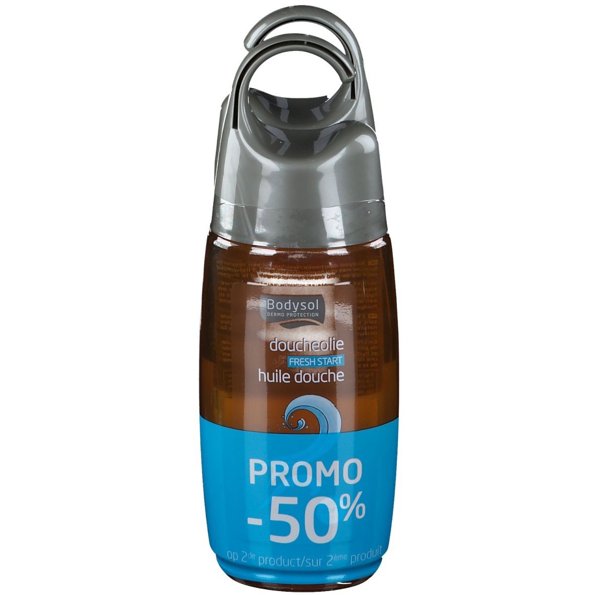 Douche-olie fles met grijze dop en blauw etiket. Tekst: Bodysol, Fresh Start, Promo -50%.