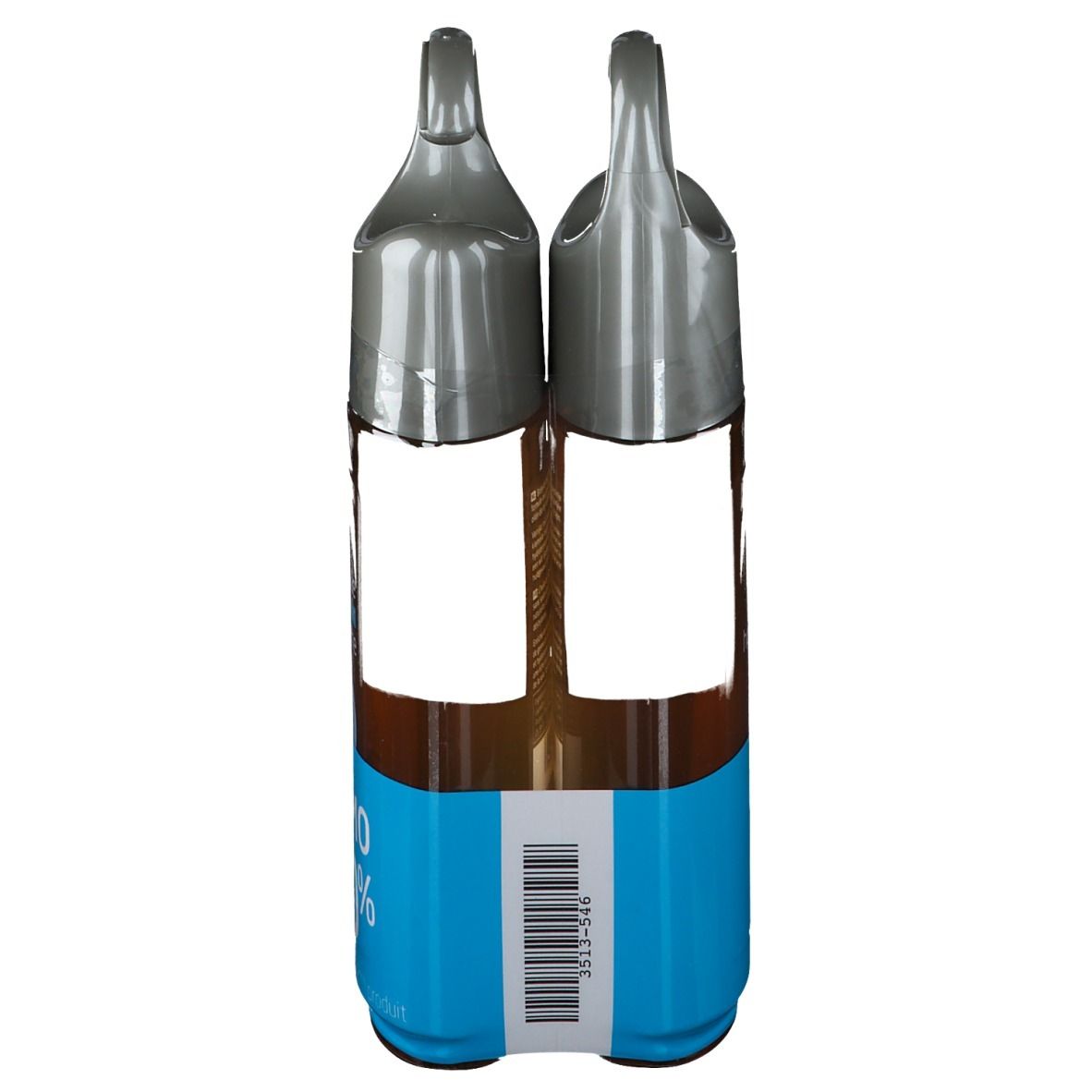 Twee douche-olie flessen in verpakking. Grijze doppen, blauwe etiketten. Barcode. Lege witte vlakken.