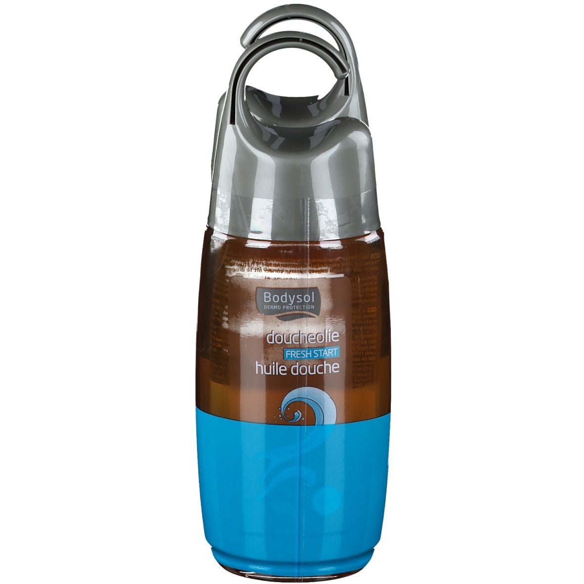 Douche-olie fles met grijze dop en blauw etiket. Tekst: Bodysol, Fresh Start, huile douche.