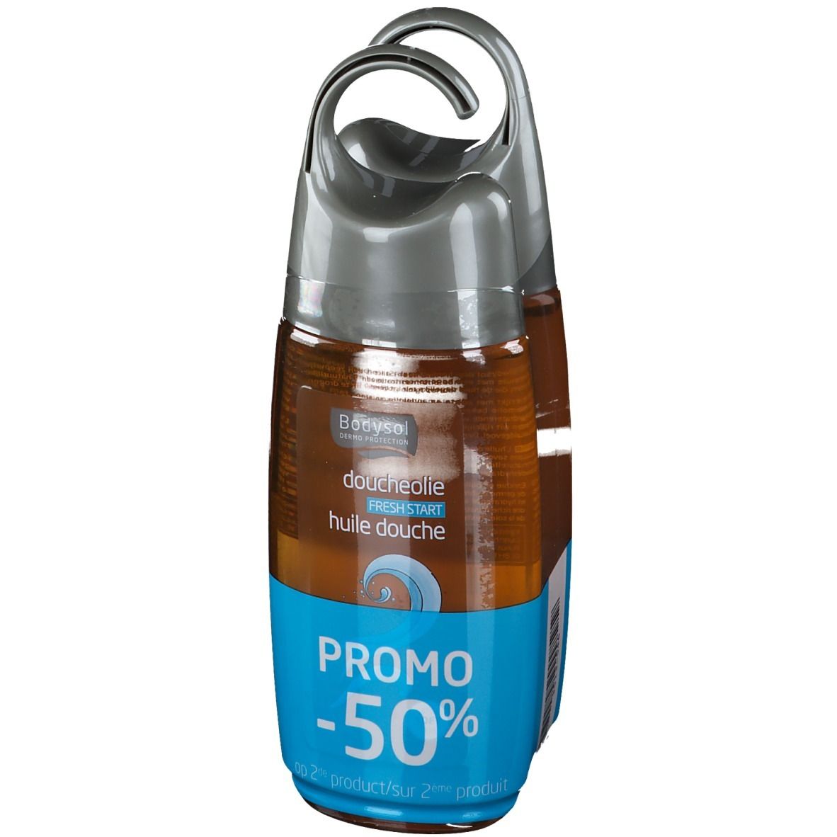 Twee douche-olie flessen in verpakking. Grijze doppen, blauwe etiketten. Tekst: Promo -50%.