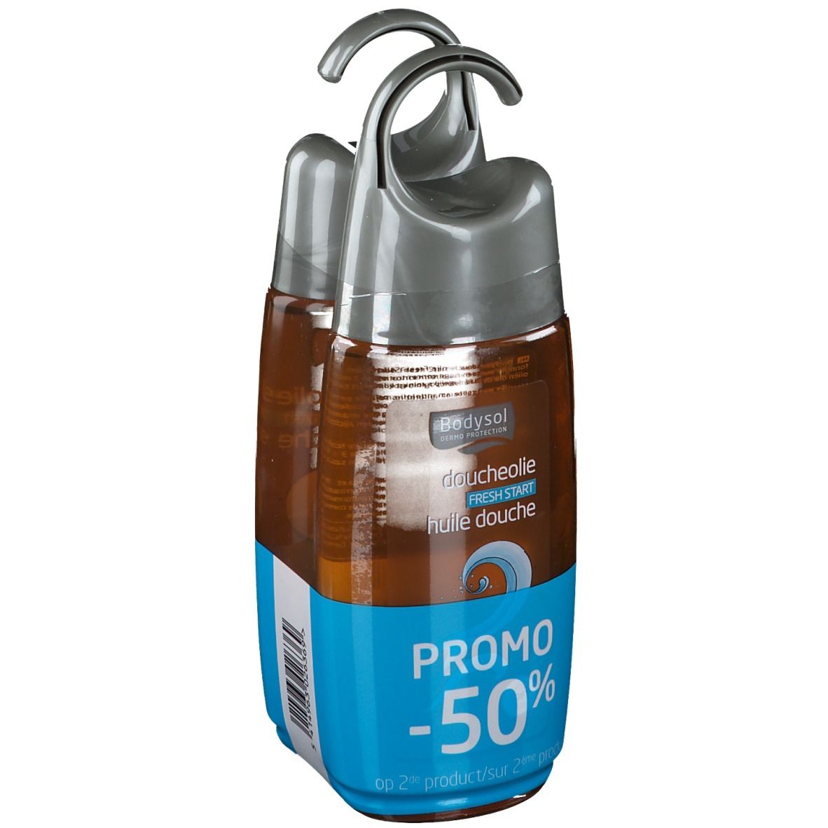 Twee douche-olie flessen in verpakking. Grijze doppen, blauwe etiketten. Tekst: Promo -50%.