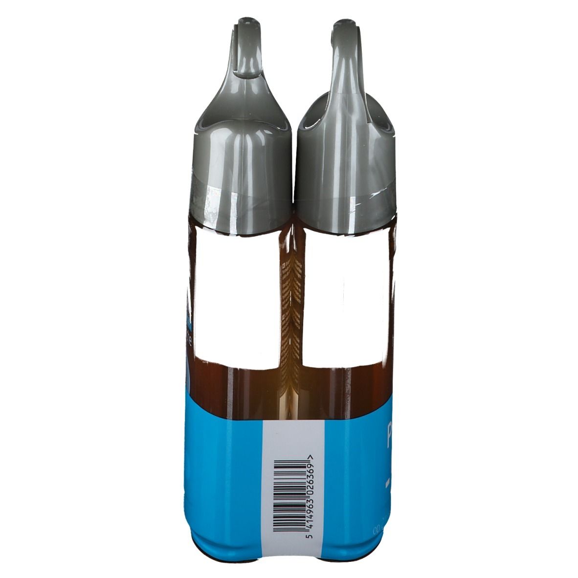 Twee douche-olie flessen in verpakking. Grijze doppen, blauwe etiketten. Barcode.