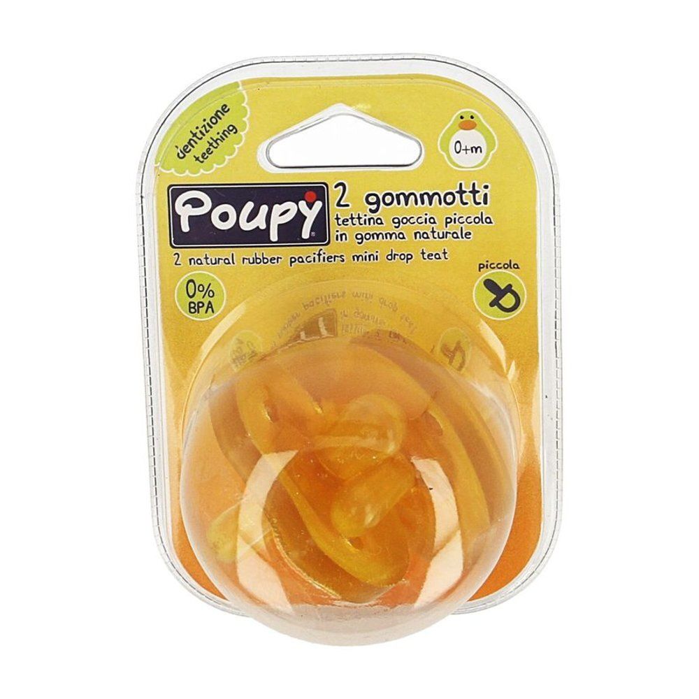 Twee fopspenen in blisterverpakking. Merk Poupy. Natuurrubber, 0% BPA. Voor baby's vanaf 0 maanden.