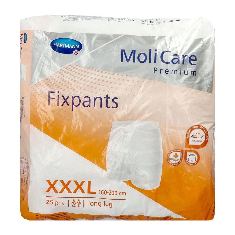 Verpakking MoliCare Premium Fixpants Long Leg XXXL. 25 stuks. Maat 160-200 cm. Logo en certificeringen.