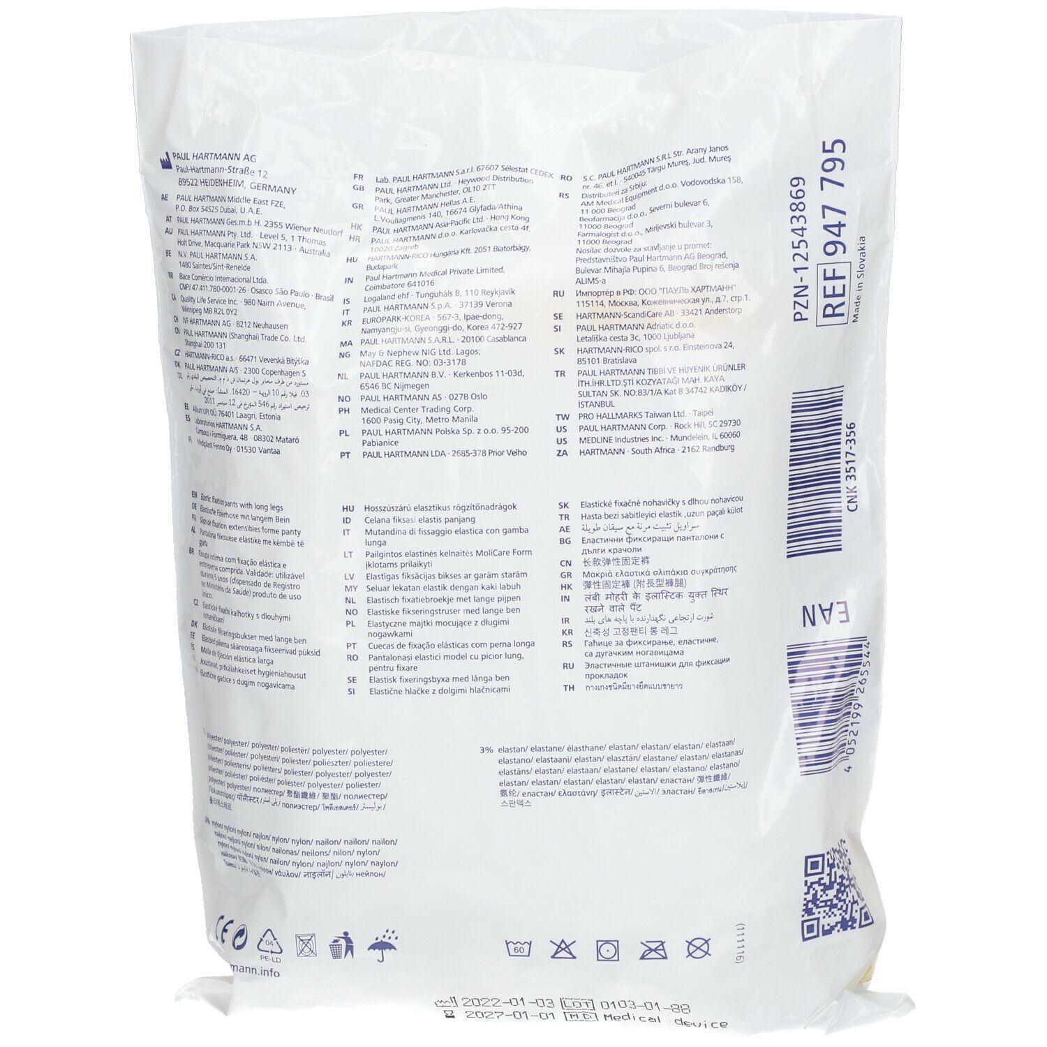 Dos de l'emballage MoliCare Premium Fixpants. Texte multilingue, REF 947 795, code EAN.