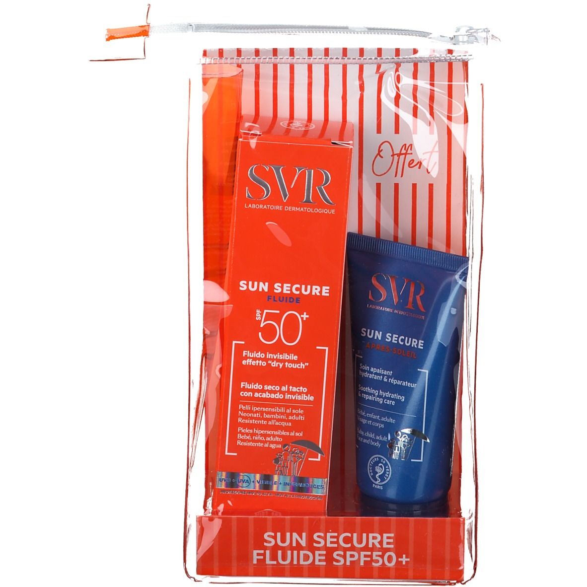 Set met zonnebrandcrème en after-sun lotion in transparante tas. Rode en blauwe tubes en doos met productnaam en SPF 50+.