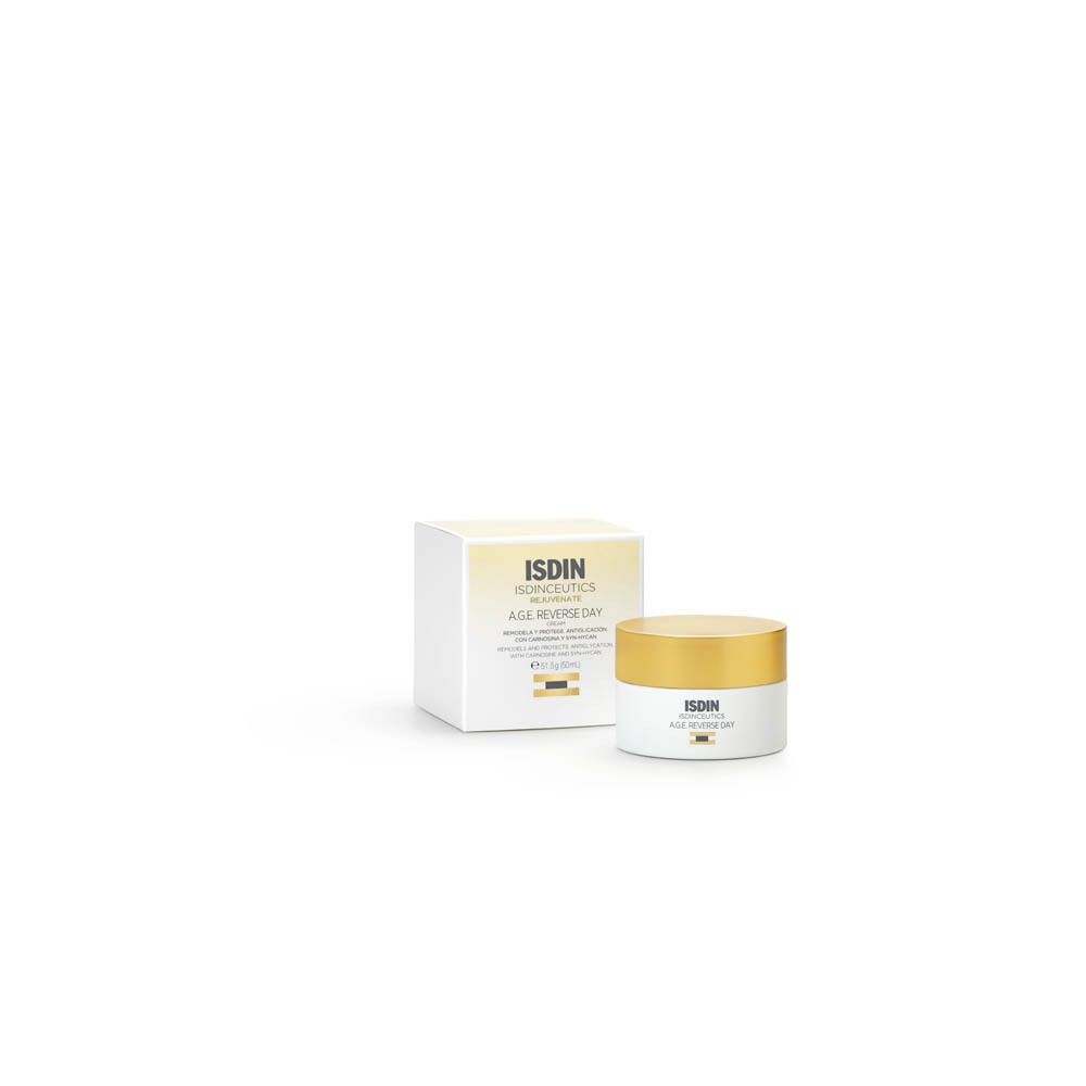Witte pot en doos. Opschrift: ISDIN, A.G.E. Reverse Day Cream. Inhoud: 51,5g (50ml).