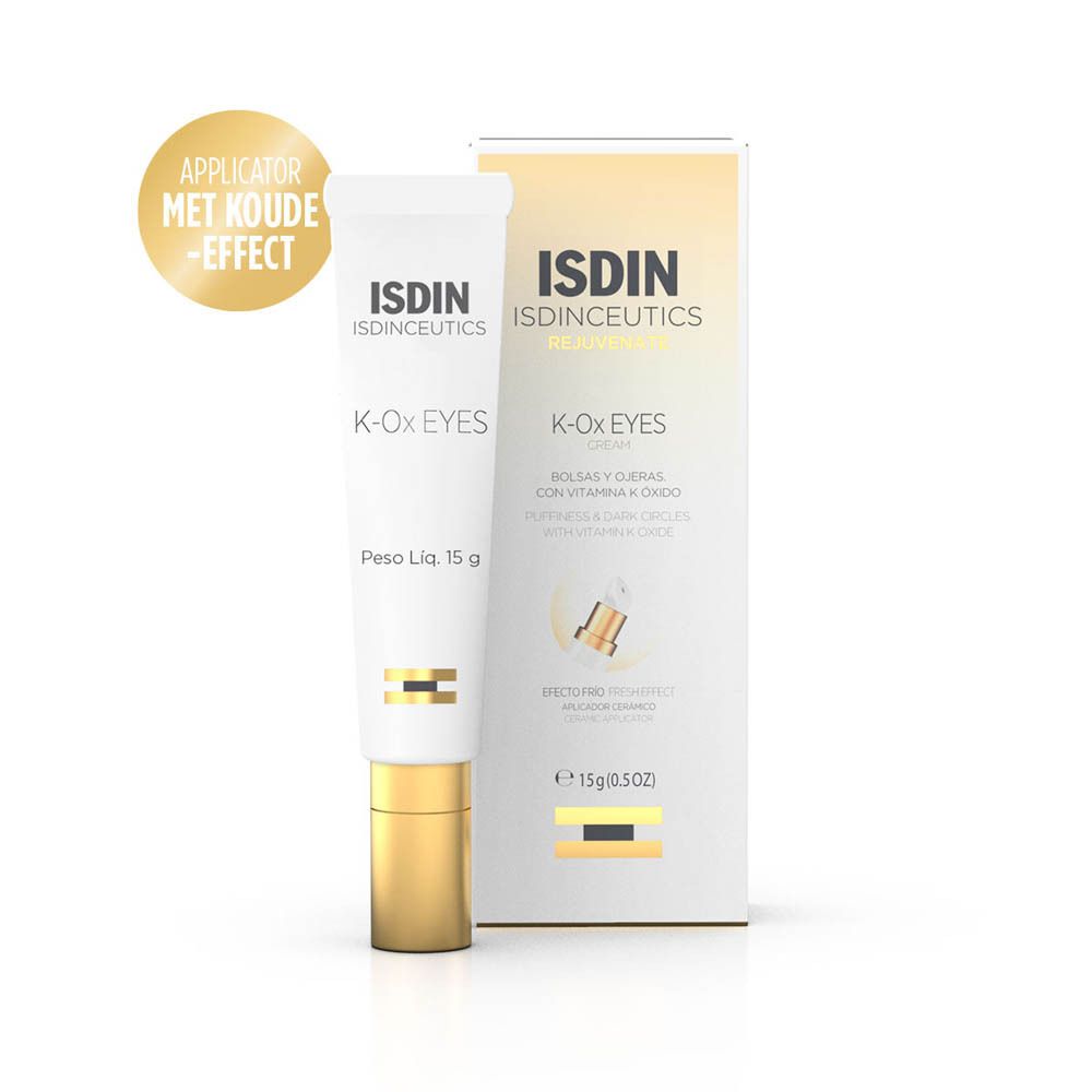 Product en verpakking. Tube en doos. Opschrift: ISDIN, K-Ox EYES. Met applicator.