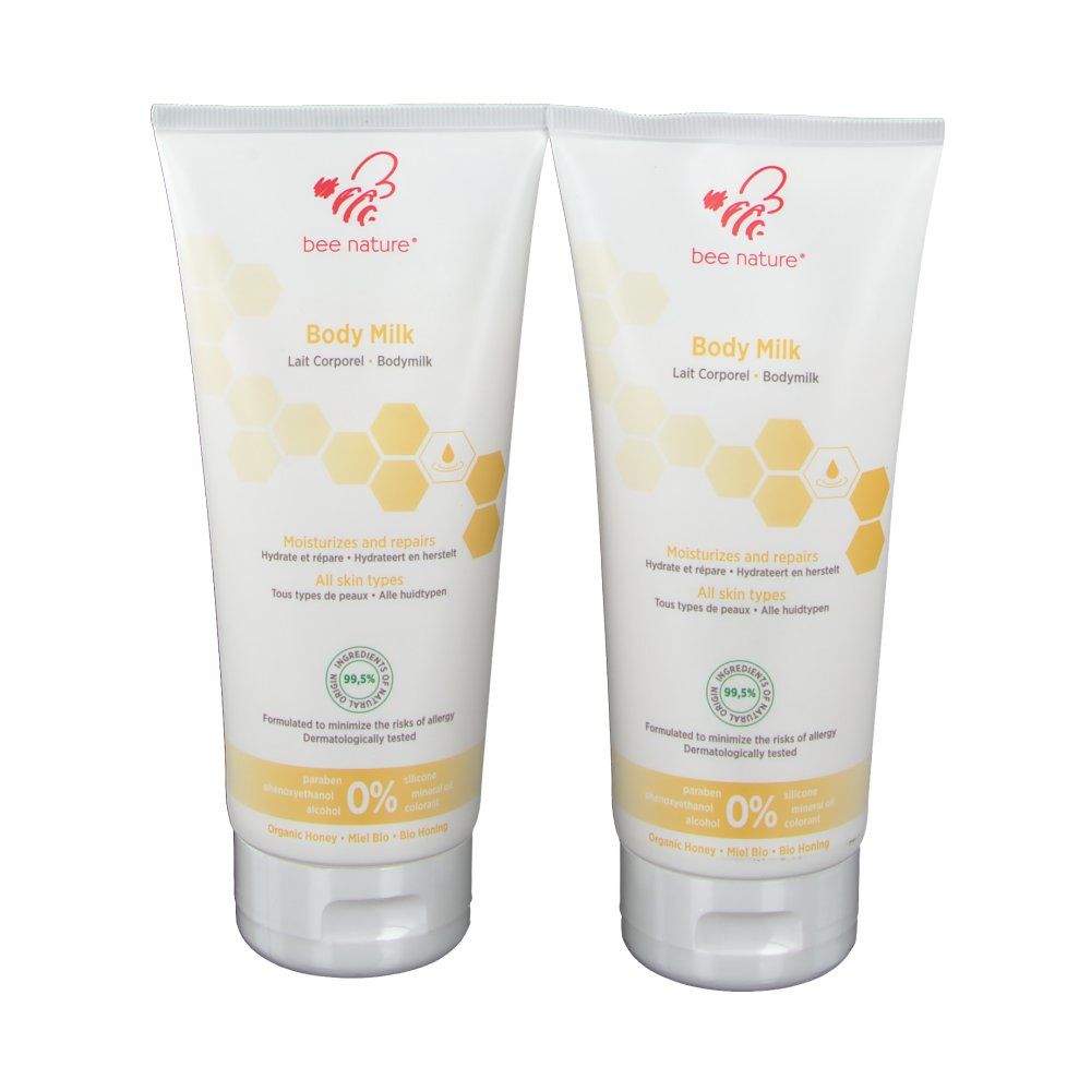 Twee tubes Body Milk. Witte tubes met gele accenten en productinformatie. Logo: Biene Natur.