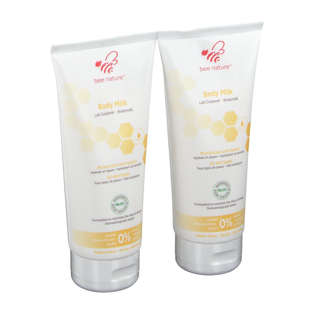 Twee tubes Body Milk. Witte tubes met gele accenten en productinformatie. Logo: Biene Nature.