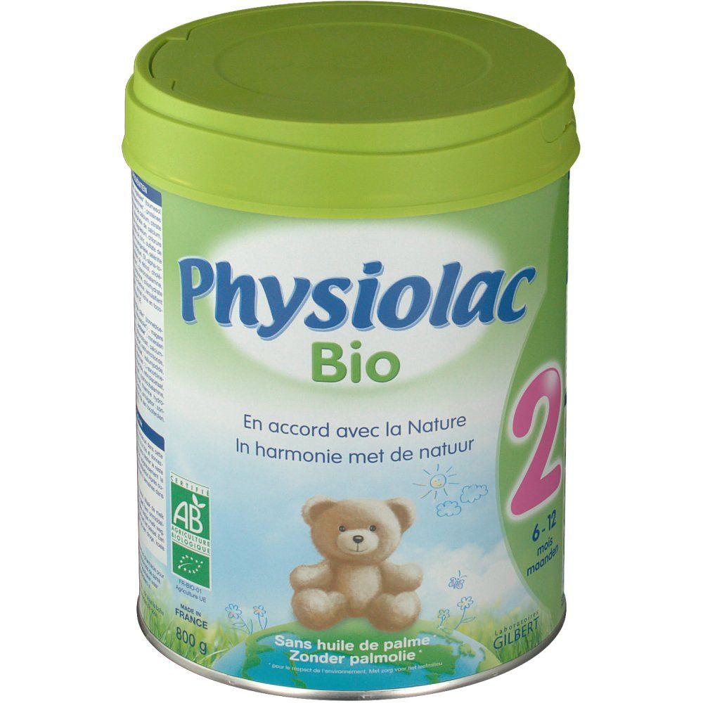 Physiolac Bio 2 melkpoederblik. Groen-wit blik met deksel. Opschrift: Physiolac Bio, 2, 6-12 maanden. AB Bio-keurmerk.
