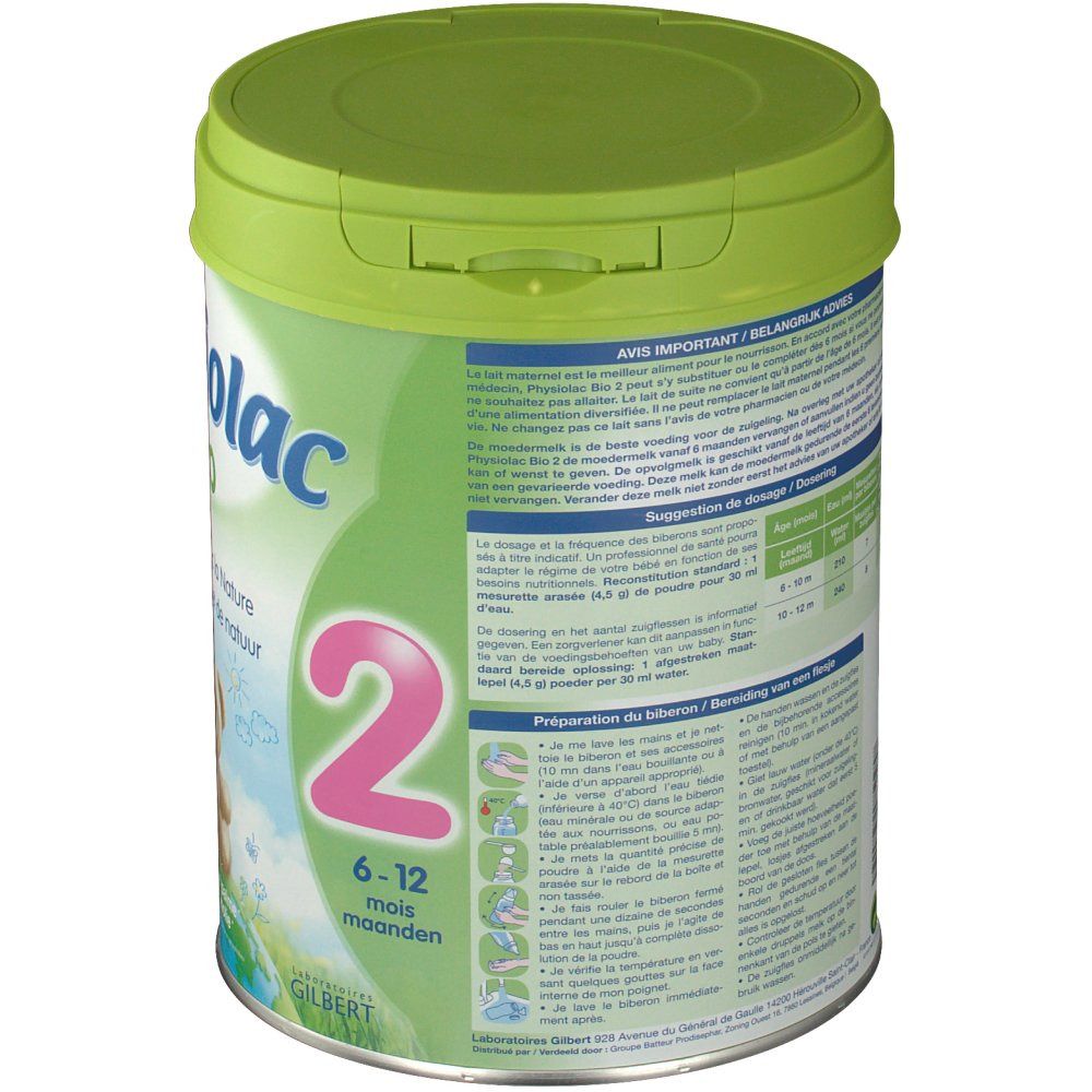 Achterkant van de Physiolac Bio 2 melkpoederblik. Meertalige tekst. Bereidingsinstructies. Blik met groene deksel.