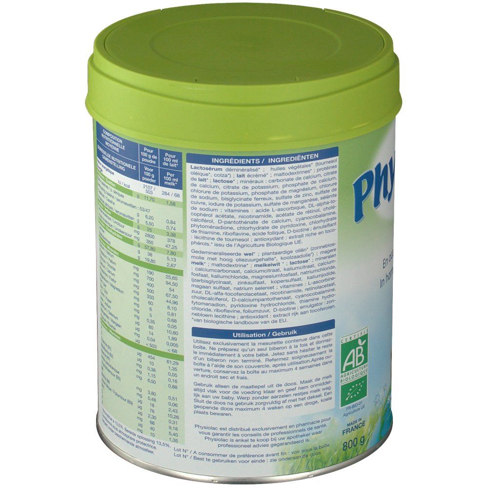 Achterkant van de Physiolac Bio 2 melkpoederblik. Ingrediëntenlijst en andere informatie. Blik met groene deksel.